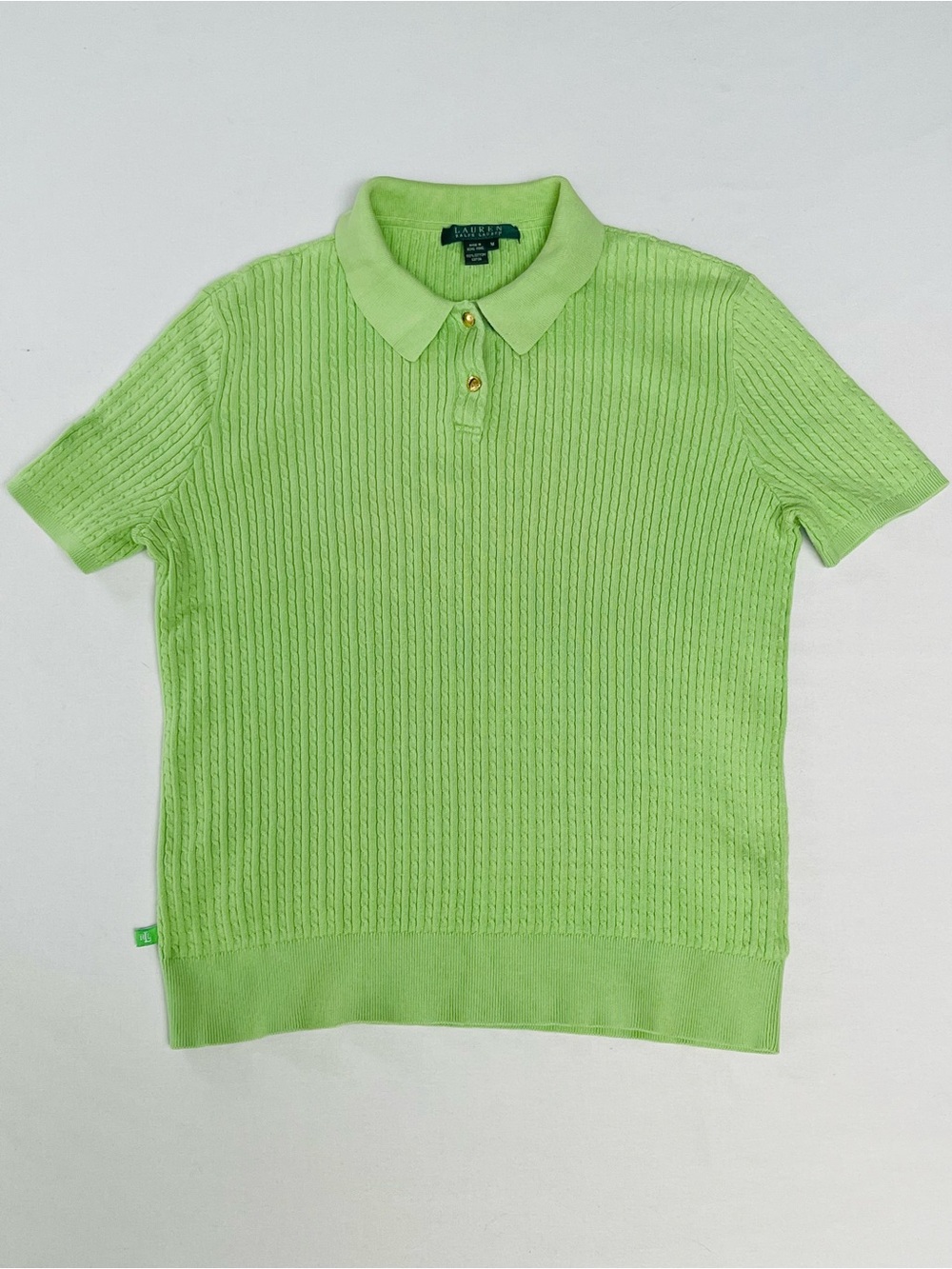 Ralph Lauren Woman Green Lime Cable-Knit Polo Collar Short Sleeve Top Shirt M